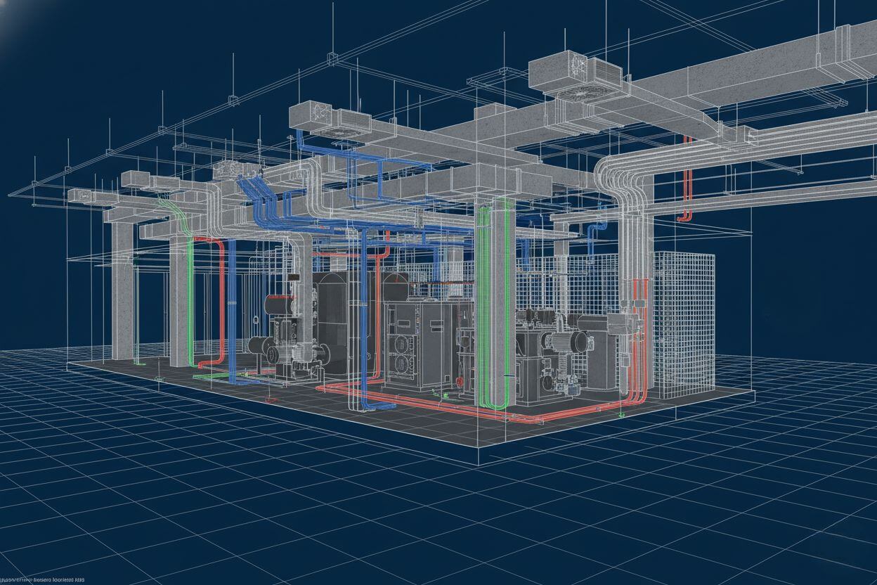 3D HVAC BIM modeling services showing detailed duct and ventilation system layout inside a commercial building BIM model