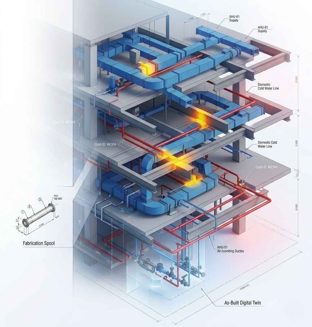 Isometric rendering showing building MEP system clashes, spool drawings, and a digital twin perspective)