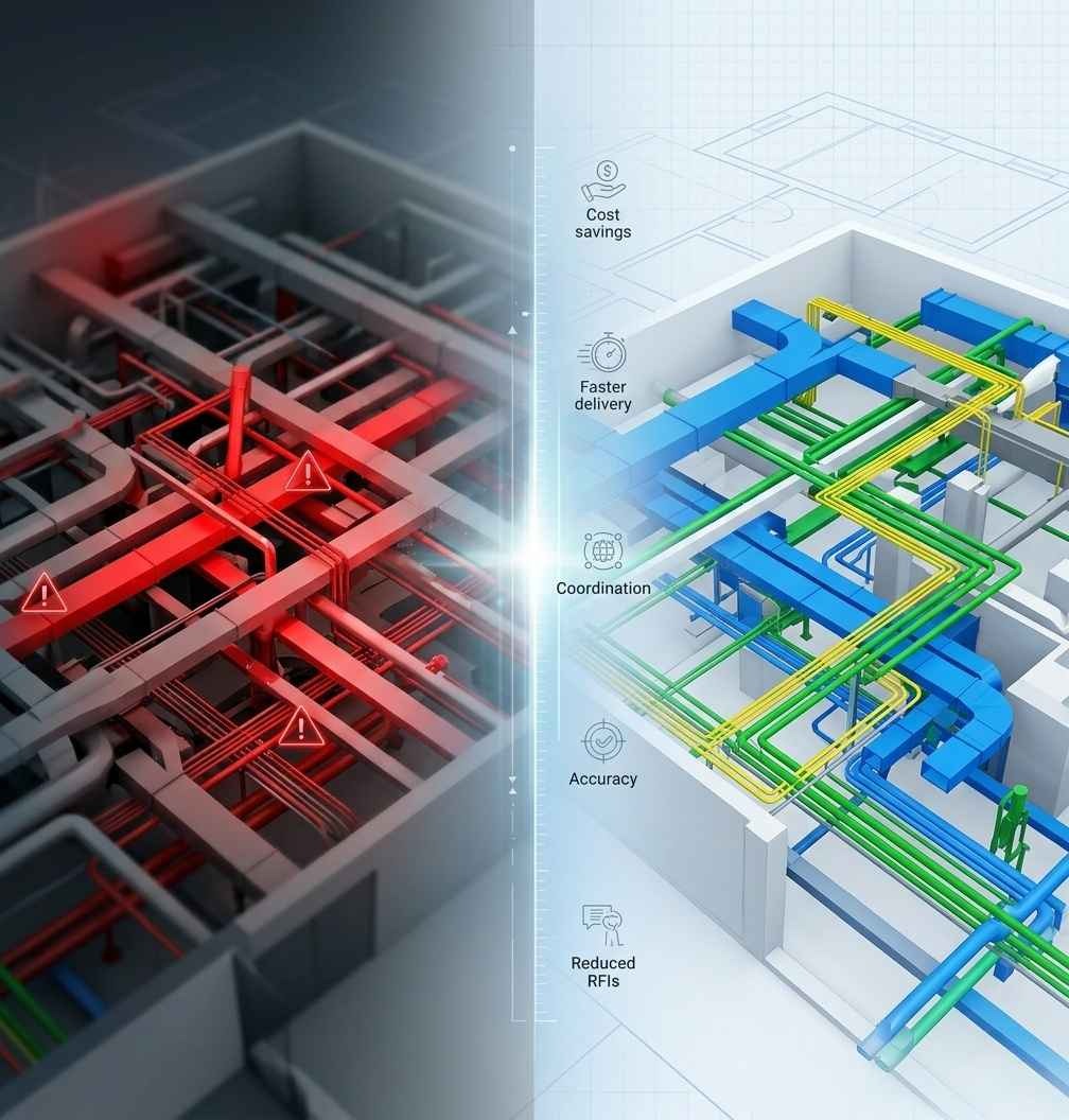 BIM model comparison showing the impact of clash detection on pre-construction coordination