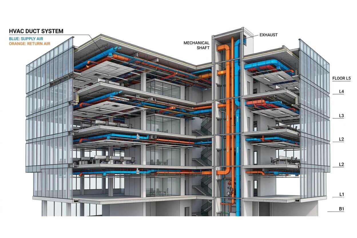HVAC shop drawing services generated from coordinated BIM models showing detailed duct layout for installation planning