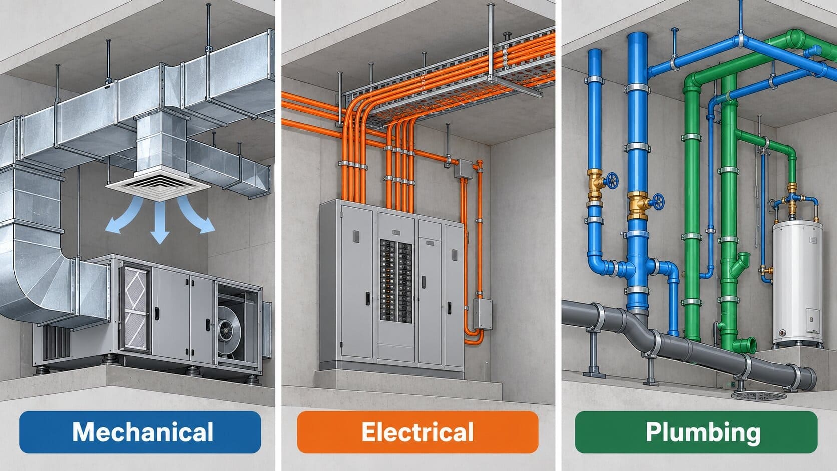  Diagram of the three parts of MEP: mechanical ductwork, electrical conduit and panels, and plumbing pipes