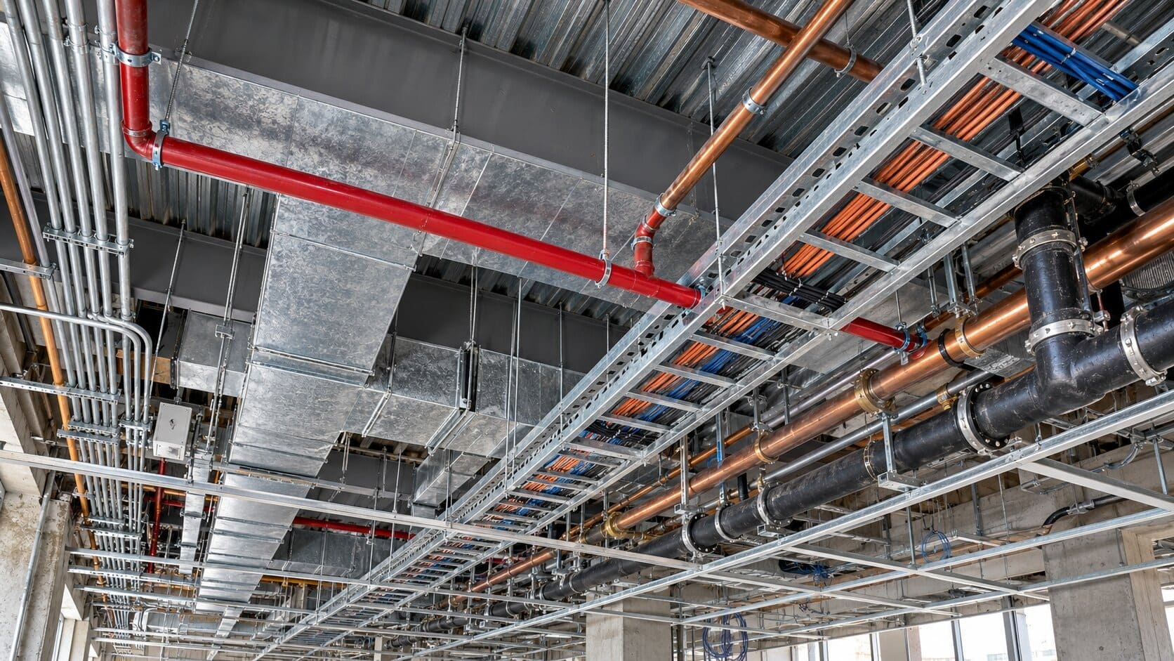 Crowded above-ceiling space with ductwork, sprinkler pipe, drain lines, and cable tray sharing the same zone