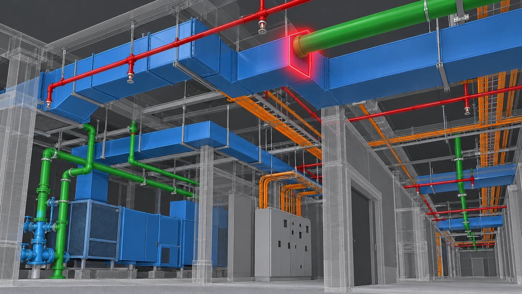 3D MEP BIM coordination model showing a clash between a duct and a pipe highlighted in red