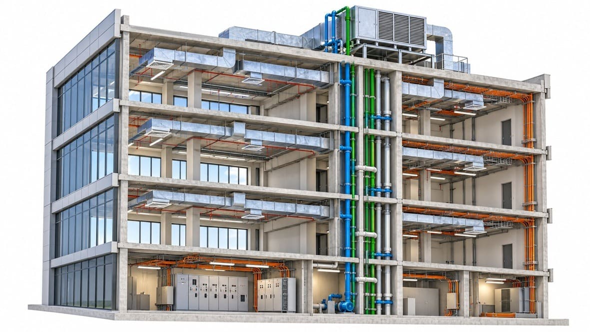 Cutaway of a commercial building showing mechanical, electrical, and plumbing (MEP) systems