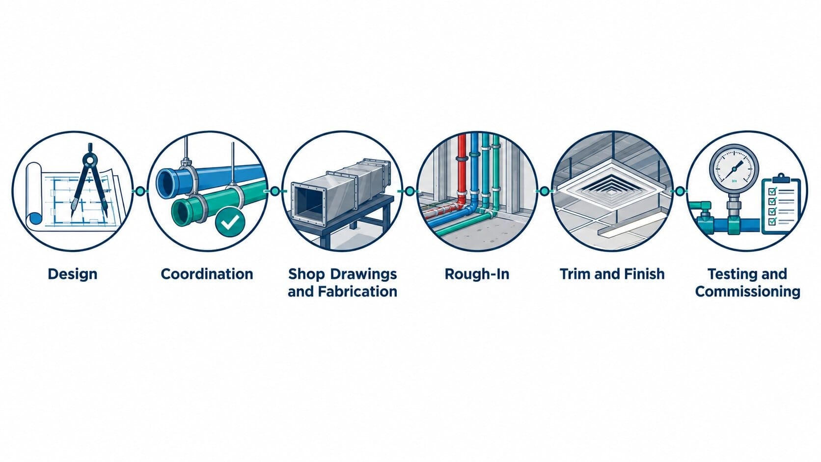 Timeline of the six MEP stages in construction from design and coordination to testing and commissioning